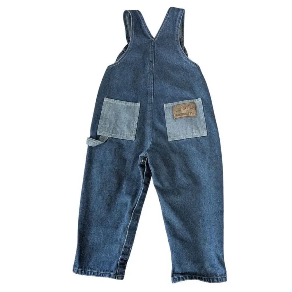 Disney Mickey Mouse Vintage Blue‎ Denim Racing Theme Overalls Size 18 Months